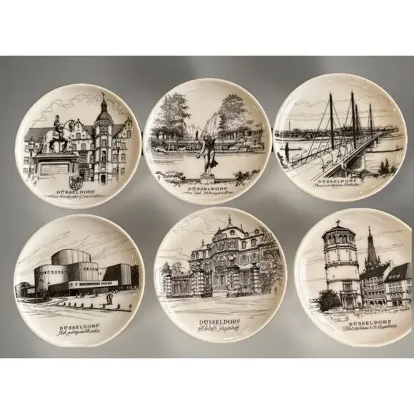 Vintage Uhlenhorst Düsseldorf Germany Landmark Plate Set of 6 Souvenir Coasters - Picture 2 of 9